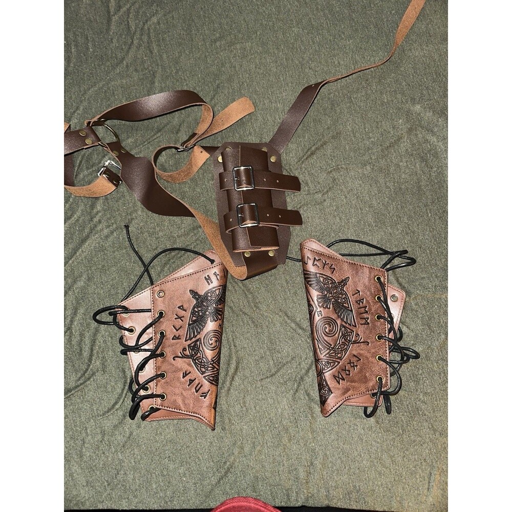 Steampunk Medieval Faux Leather Arm Bracers Wrist Cuffs & Shiv Pouch Straps EUC